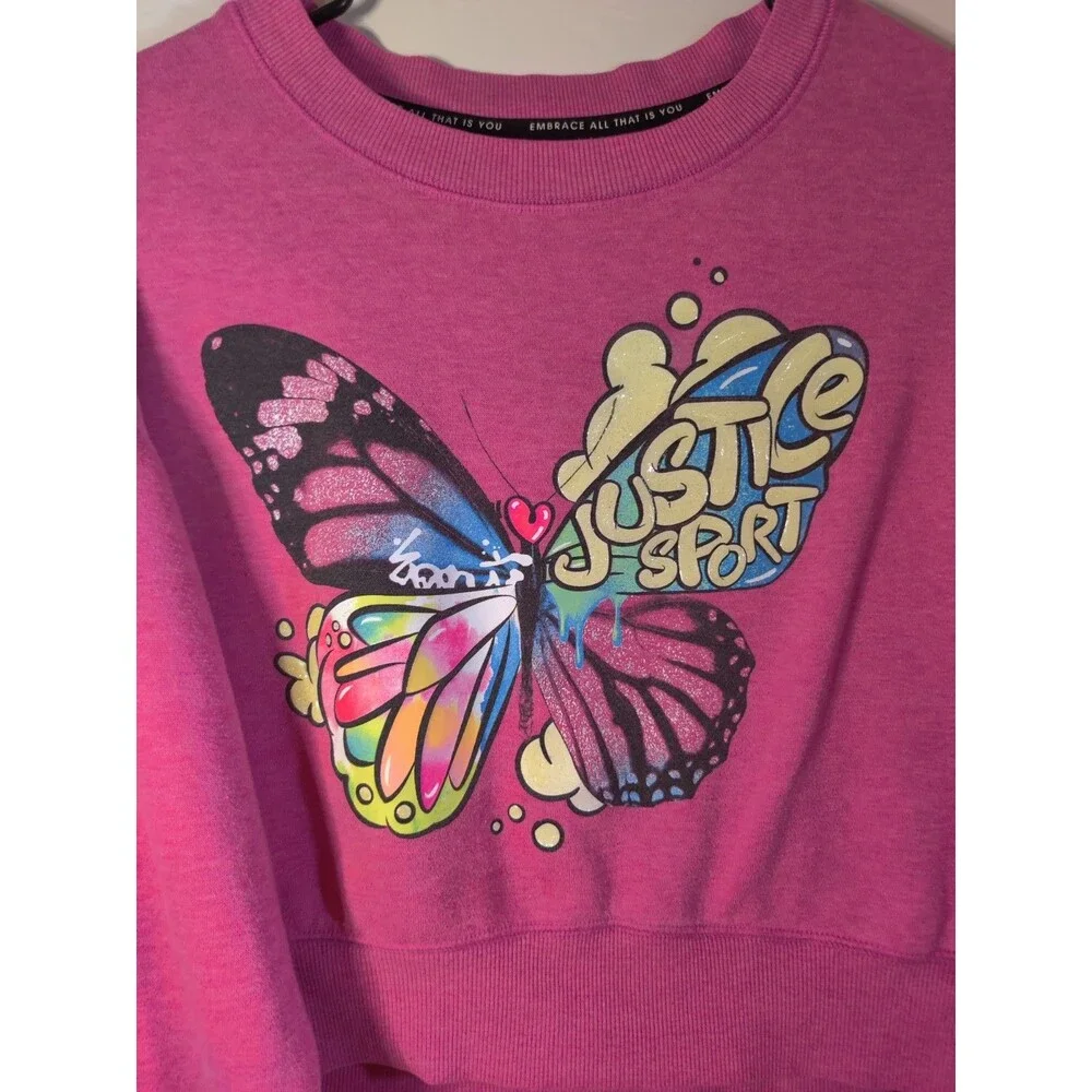 Justice Sport Girls Pink Butterfly Semi Crop Sweatshirt L (12-14)